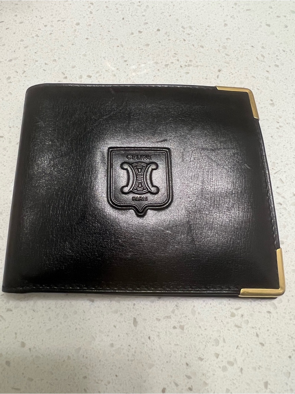 Vintage Celine Triomphe Bifold Wallet with Gold Corner Hardware.